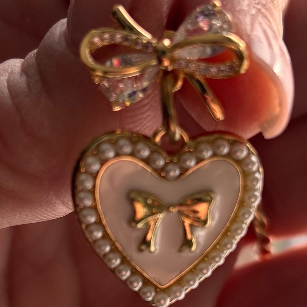 Enamel Heart earrings with sweet bows on 18k gold plated wires